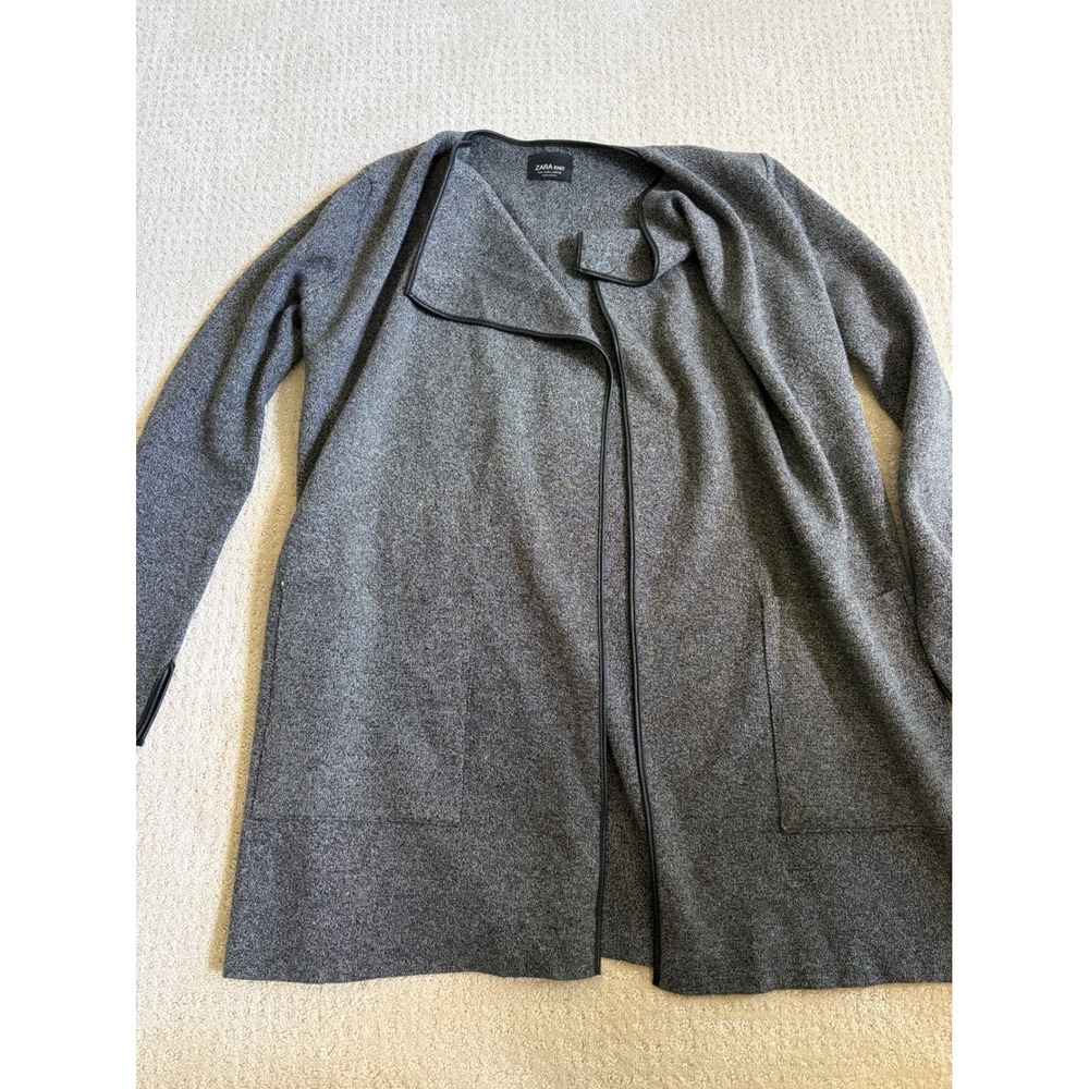 Zara Cardigan Women L Grey Faux Leather Trim Open Front Knit Jacket Heavy